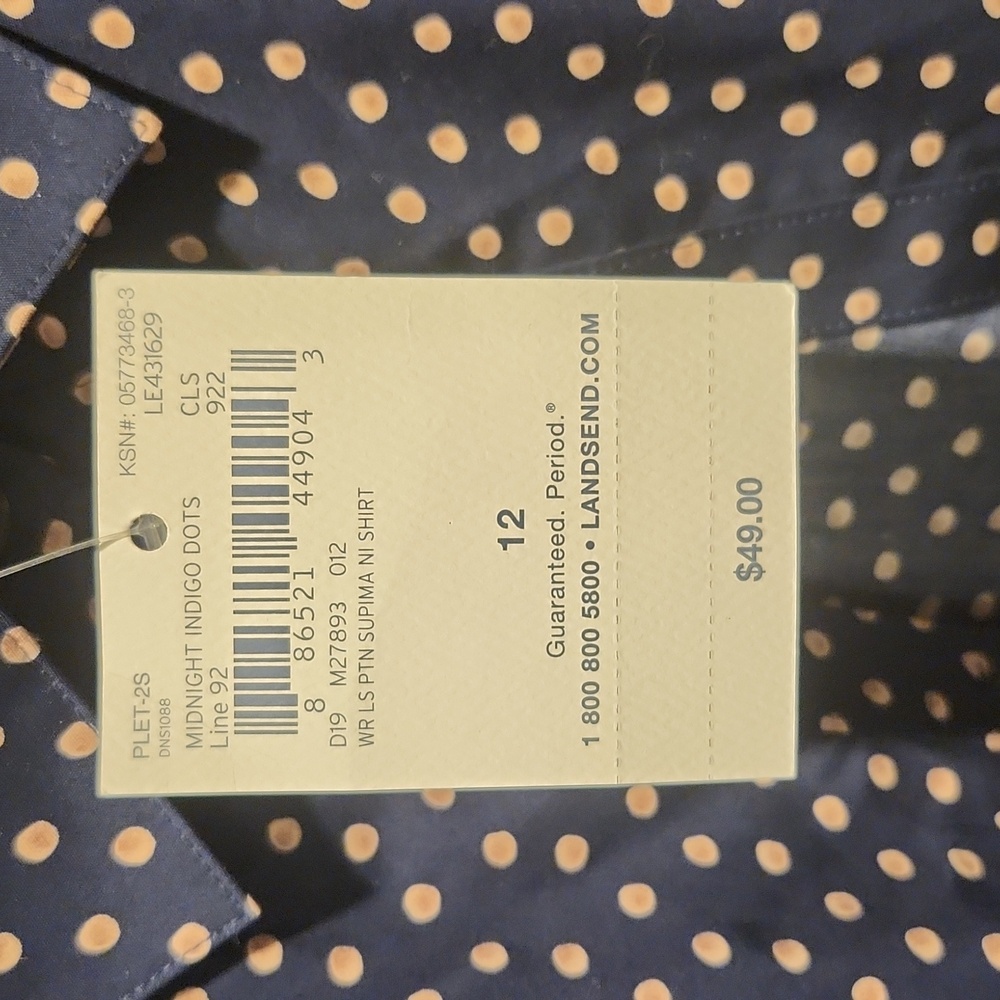 Lands' End NWT No Iron Supima button down shirt, sz 12, midnight indigo dots - Picture 3 of 9